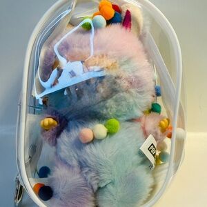 Plush Storage Clear with Pom Poms, Key Chain La Bubu bag. Doll not included